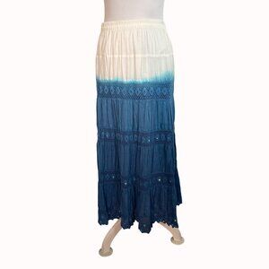 Boho Chic Broomstick Maxi Skirt By Elementz Size S Blue White Ombre Eyelet Sequi